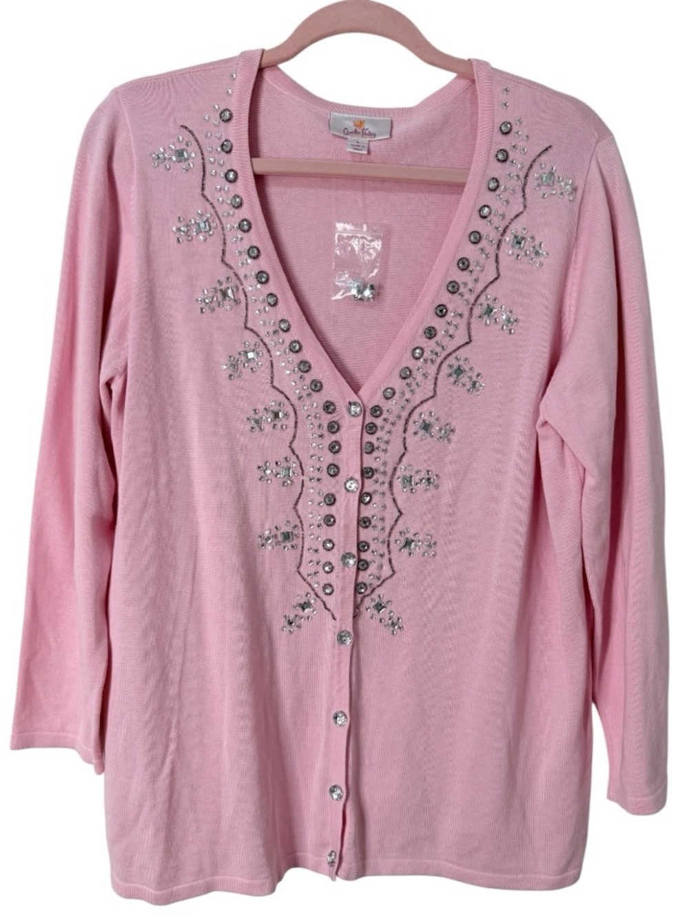 Quacker Factory Pink Embellished Rhinestone Button Front Cardigan Sweater L NWT
